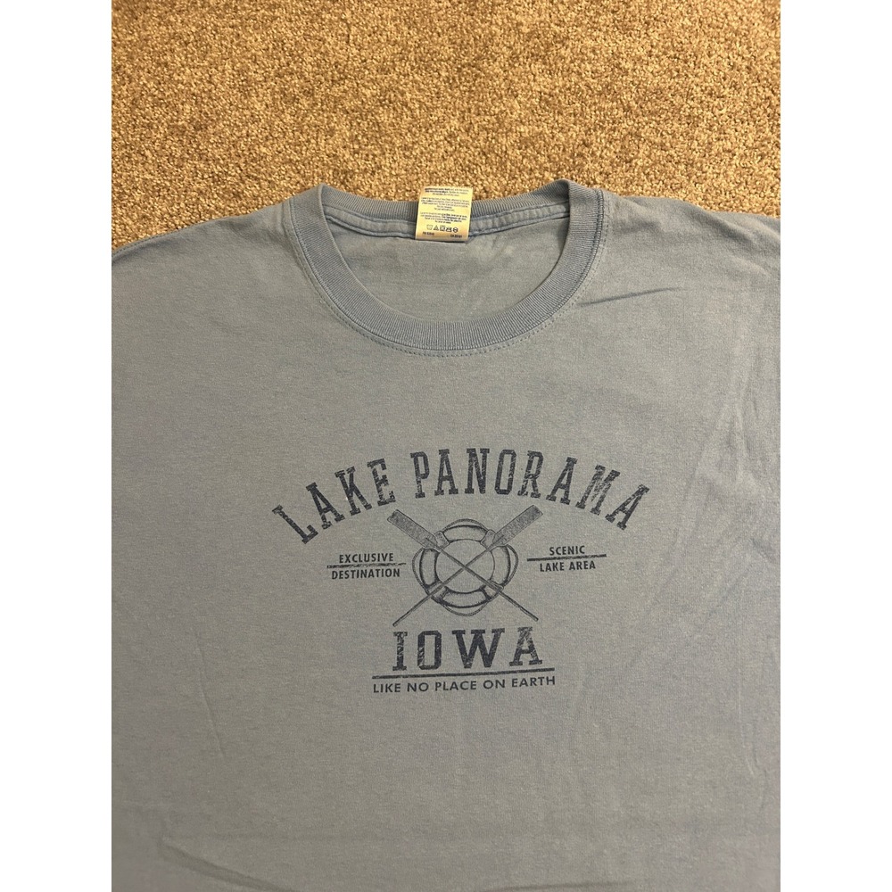 VTG Lake Panorama T-Shirt Men Large Blue Good Iowa Graphic Souvenir Tee